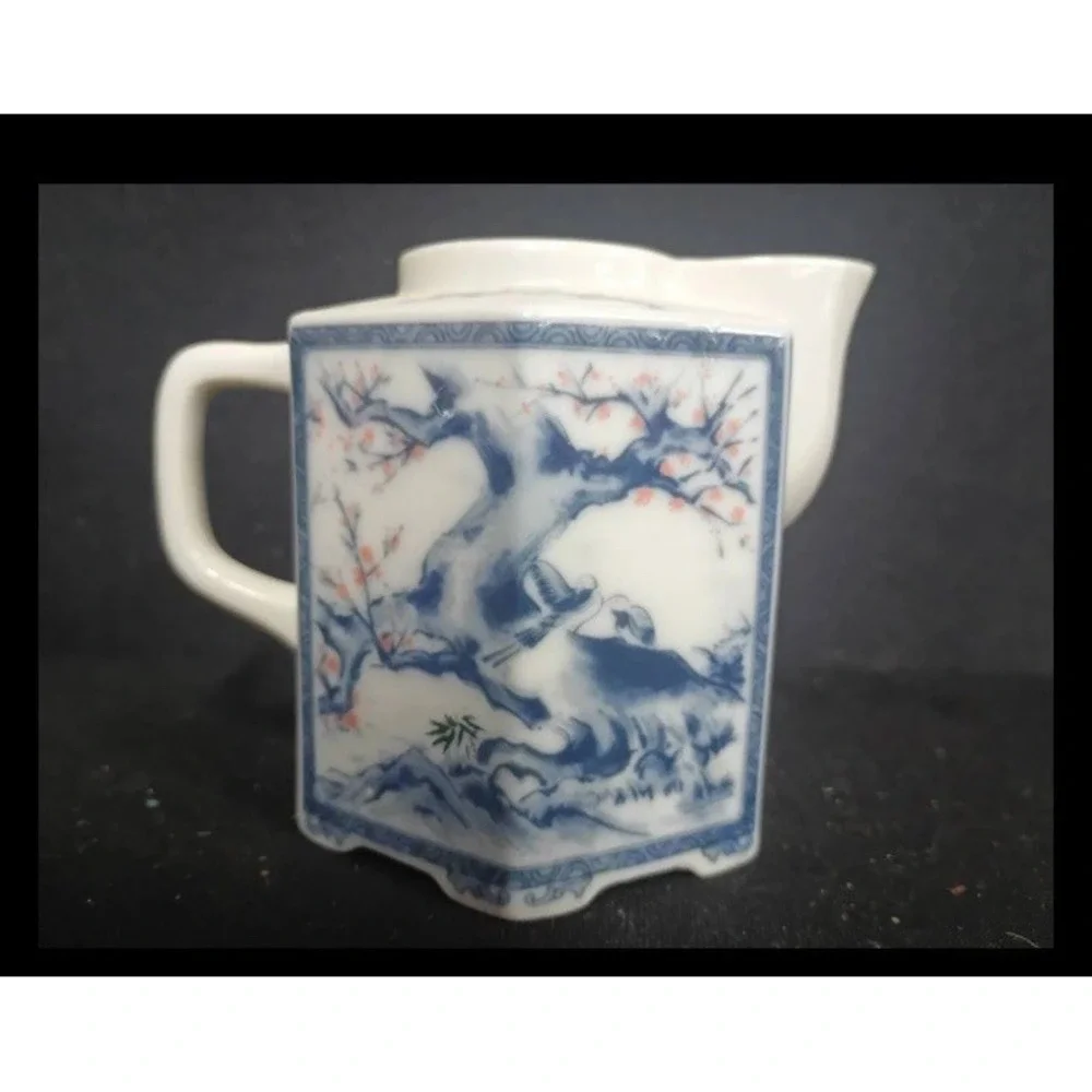 Vintage Hexagon Blue and White Ceramic Sugar and Creamer Set Cherry Blossom